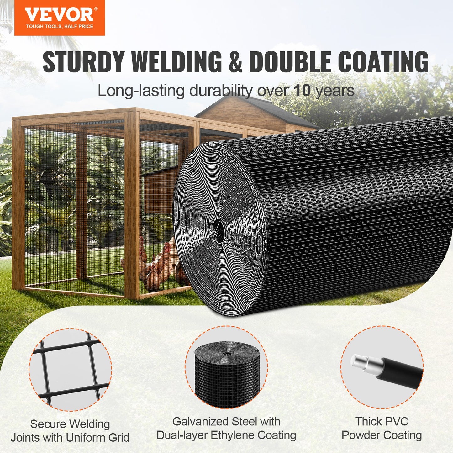 Hårdvaruduk, 24 tum x 100 tum galvaniserad trådnätrulle, 19 gauge kycklingtrådsstängselrulle, vinylbeläggning metalltrådsnät för hönshusbarriär, kaninormstaket, fjäderfäinhägnader