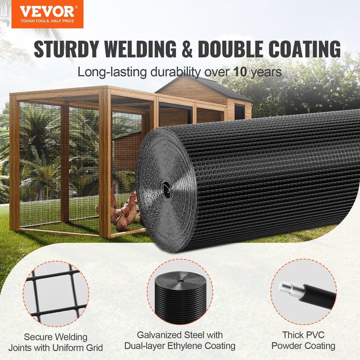 Hårdvaruduk, 36 tum x 100 tum galvaniserad trådnätrulle, 19 gauge kycklingtrådsstängselrulle, vinylbeläggning metalltrådsnät för hönshusbarriär, kaninormstaket, fjäderfäinhägnader