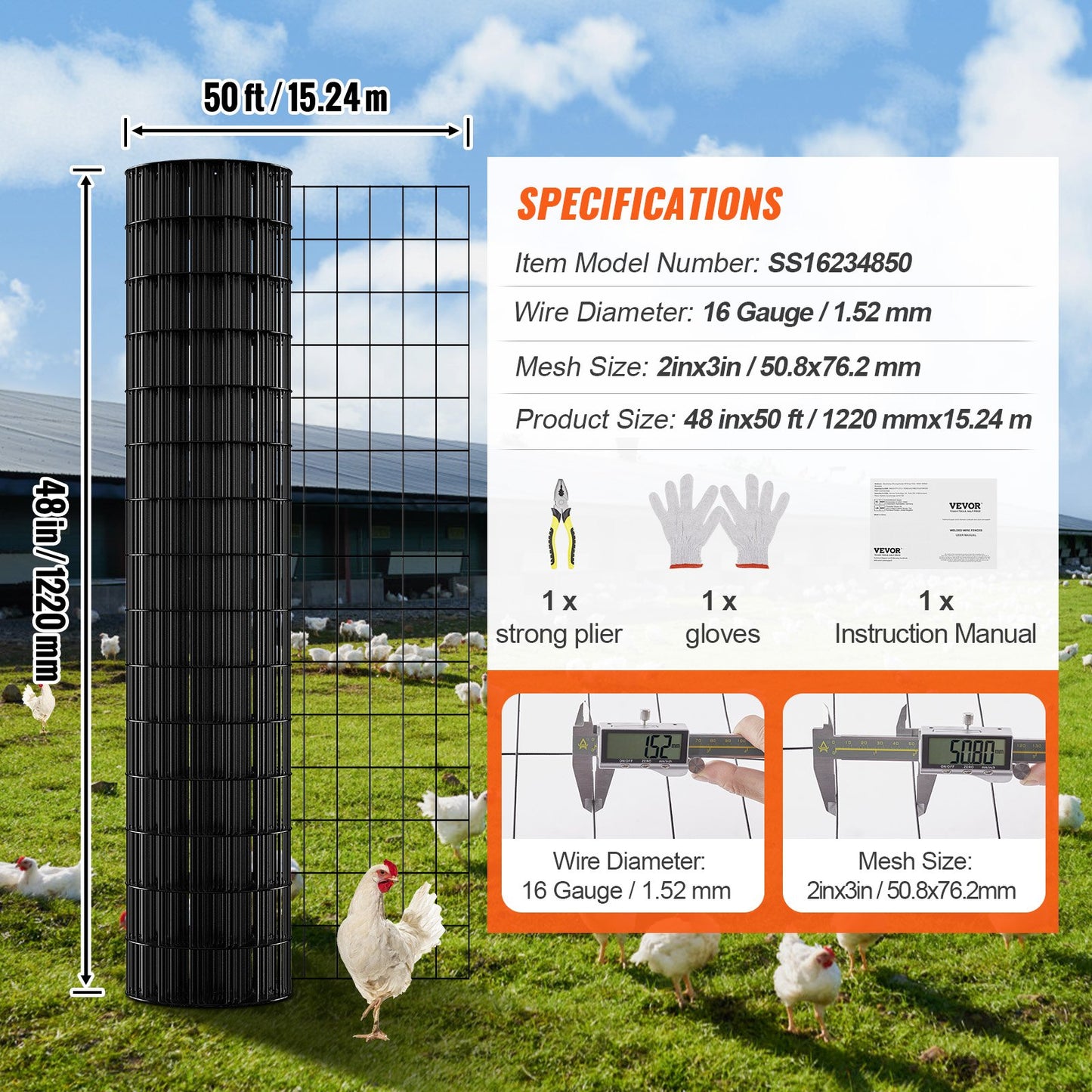 Hardware Cloth, 48 Inch x 50 Inch Galvanized Wire Mesh Roll, 16 Gauge Chicken Wire Fence Roll, Vinyl Coating Metal Wire Mesh for Chicken Coop Barrier, Rabbit Worm Fence, Poultry Enclosures