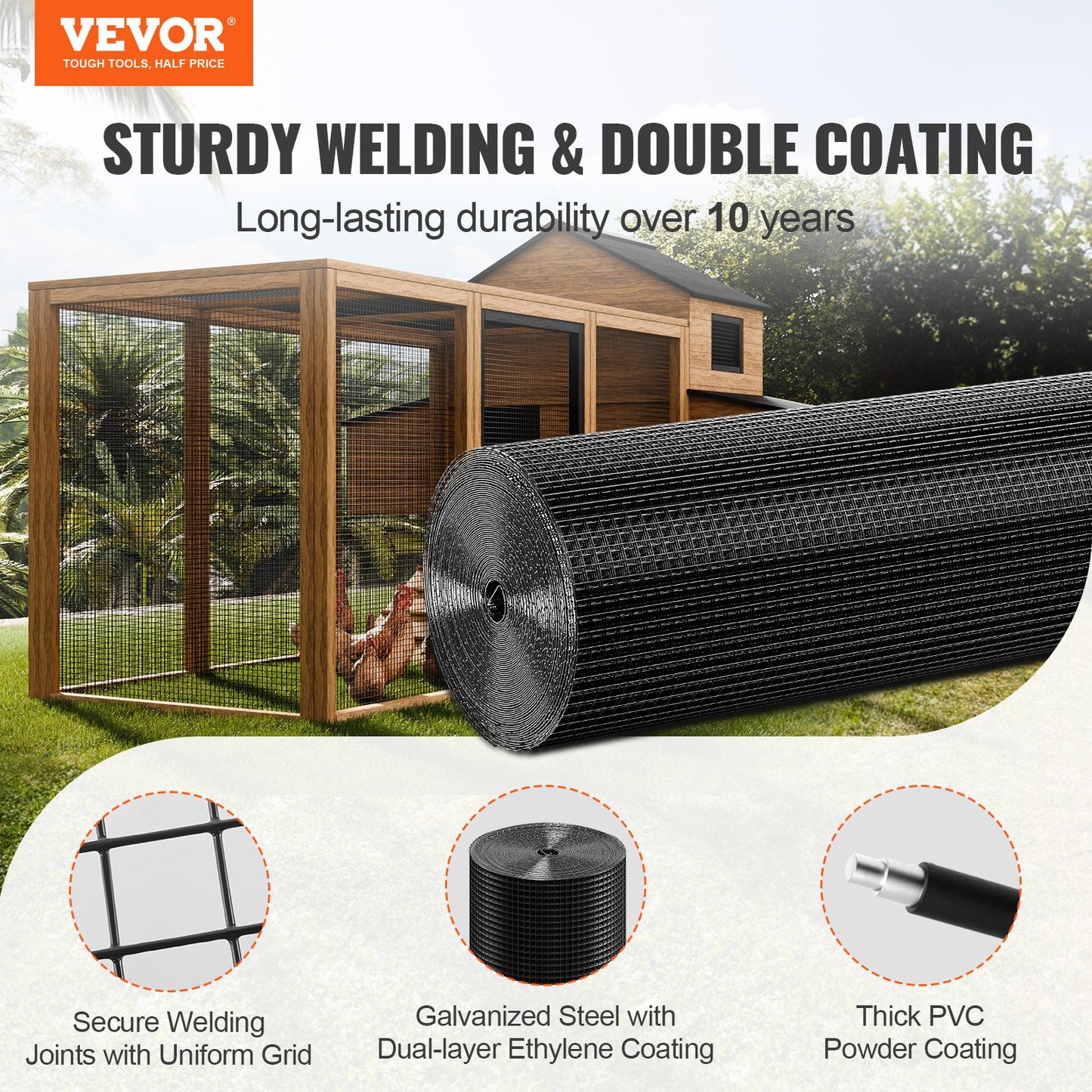 Hårdvaraduk, 48 tum x 50 tum galvaniserad trådnätrulle, 19 gauge kycklingtrådsstängselrulle, vinylbeläggning metalltrådsnät för hönshusbarriär, kaninormstaket, fjäderfäinhägnader