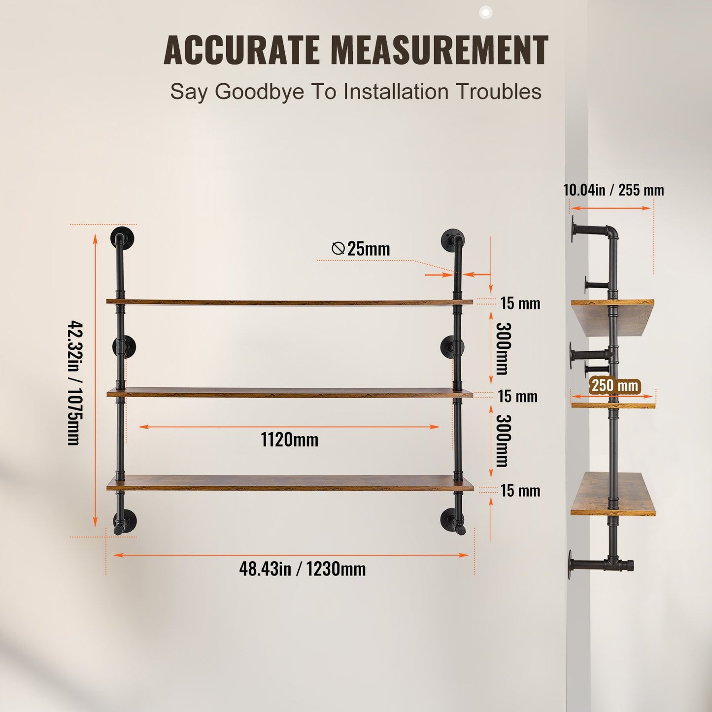 Industrial Pipe Hylla 3-vånings 48x9,84 tum väggfäste för kök sovrum