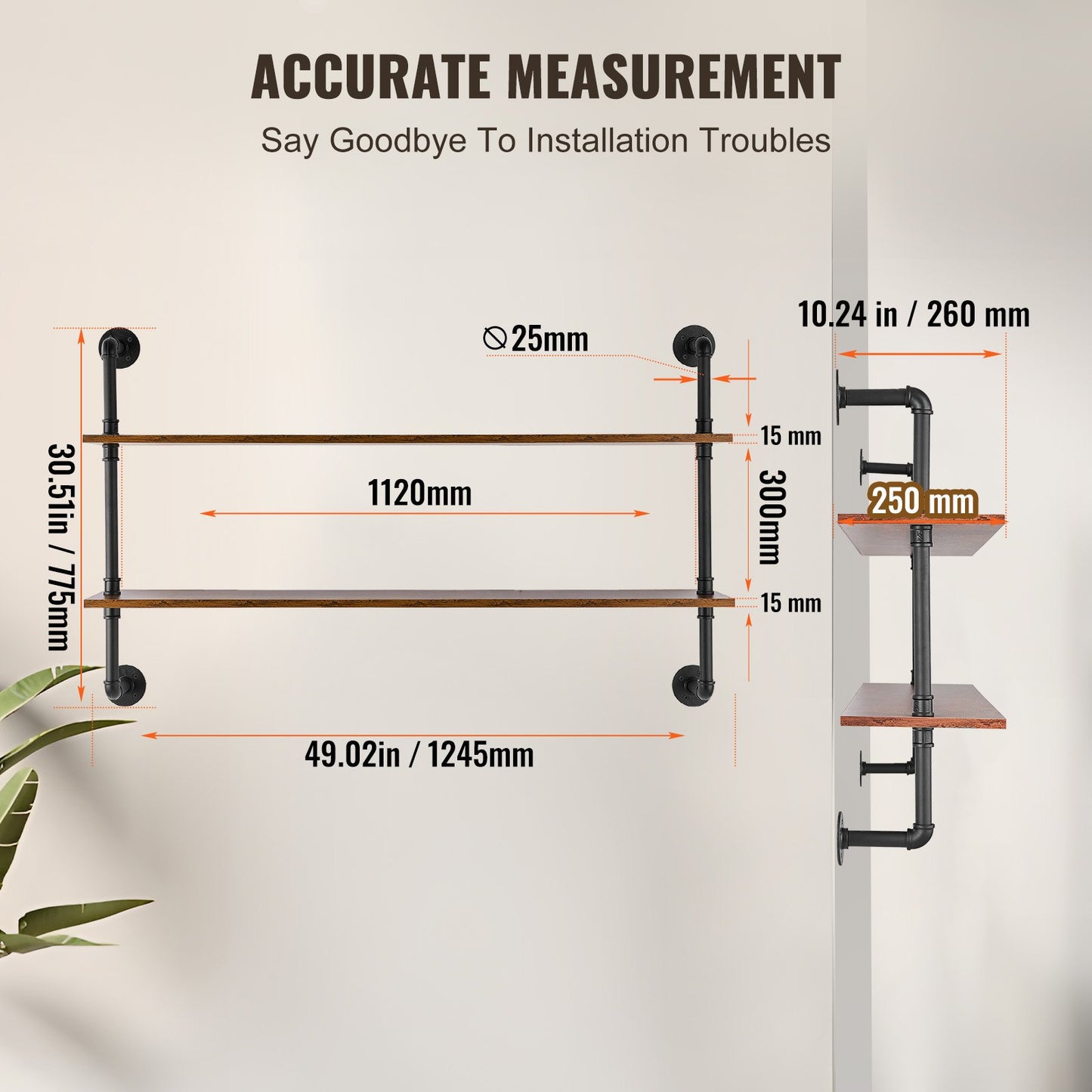 Industrial Pipe Hylla 2 Tier 48x 9,84in Väggfäste för kök sovrum