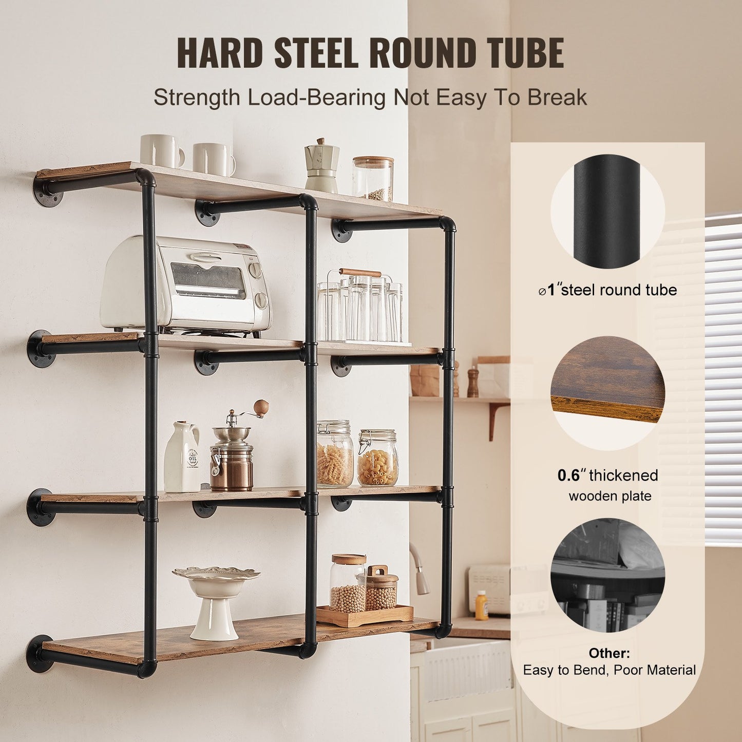 Industrial Pipe Hylla 4 Tier 3PCS 11,8in W Väggmonterade plankor ingår INTE