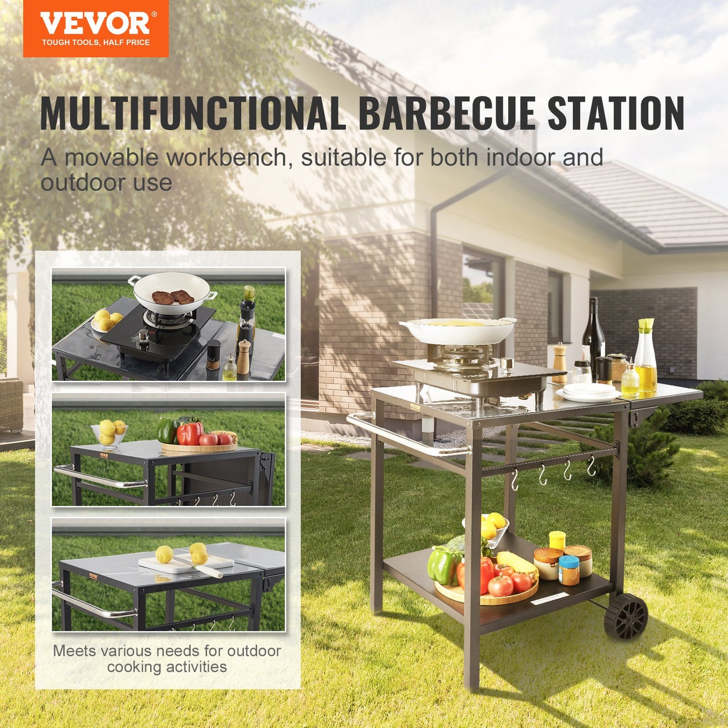 Outdoor BBQ Food Cart with Double Shelf, BBQ Movable Dining Table, Multifunctional Folding Iron Table Top, Portable Modular Pizza Oven Carts, Work Table with 2 Wheels, Carrying Handle