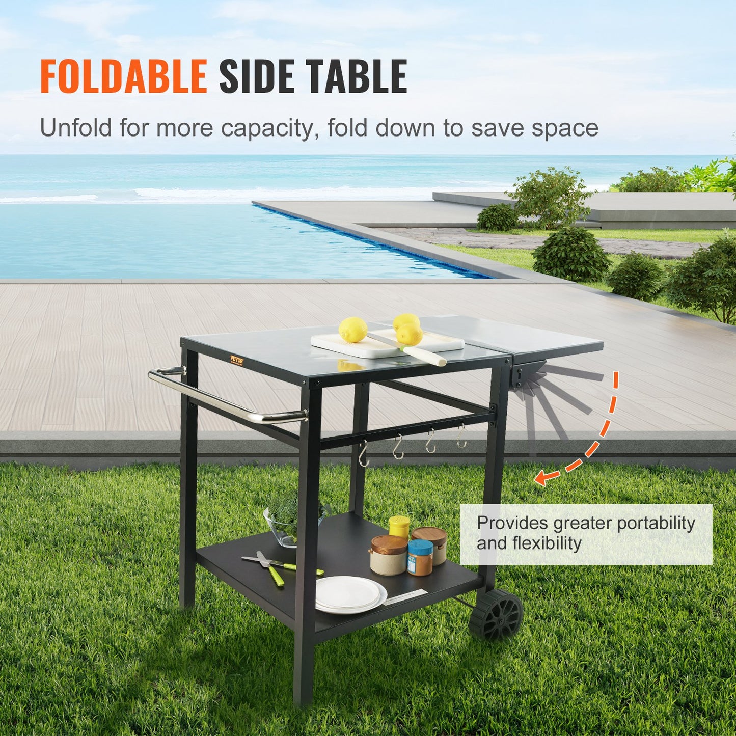 Outdoor BBQ Food Cart with Double Shelf, BBQ Movable Dining Table, Multifunctional Folding Iron Table Top, Portable Modular Pizza Oven Carts, Work Table with 2 Wheels, Carrying Handle