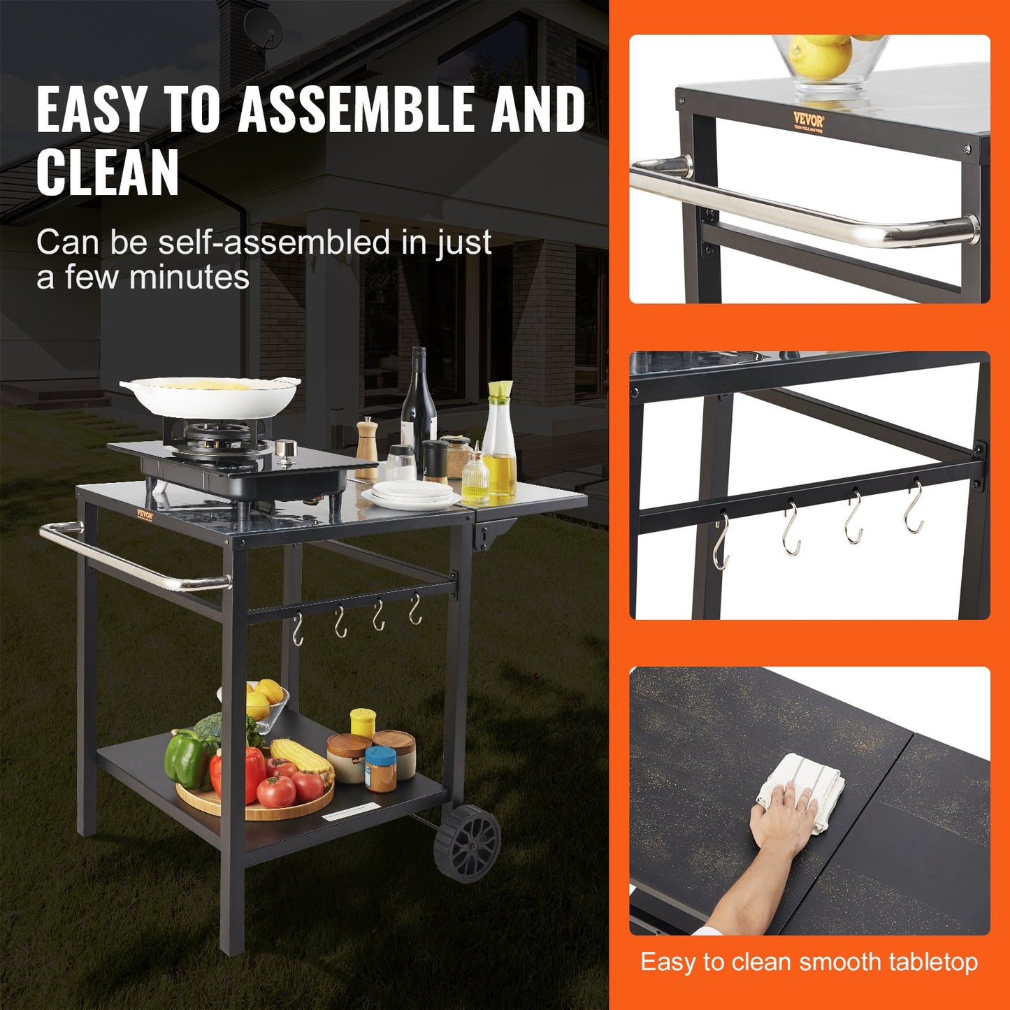 Outdoor BBQ Food Cart with Double Shelf, BBQ Movable Dining Table, Multifunctional Folding Iron Table Top, Portable Modular Pizza Oven Carts, Work Table with 2 Wheels, Carrying Handle