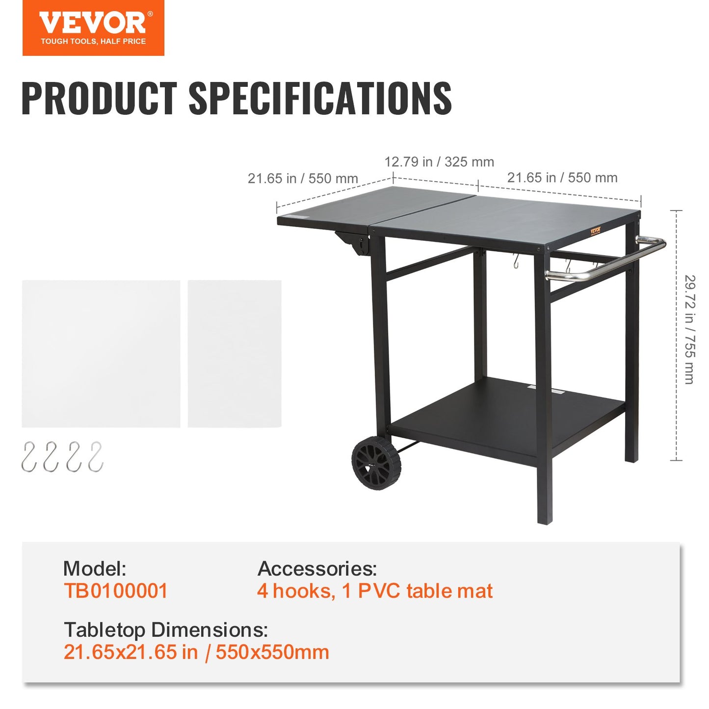 Outdoor BBQ Food Cart with Double Shelf, BBQ Movable Dining Table, Multifunctional Folding Iron Table Top, Portable Modular Pizza Oven Carts, Work Table with 2 Wheels, Carrying Handle
