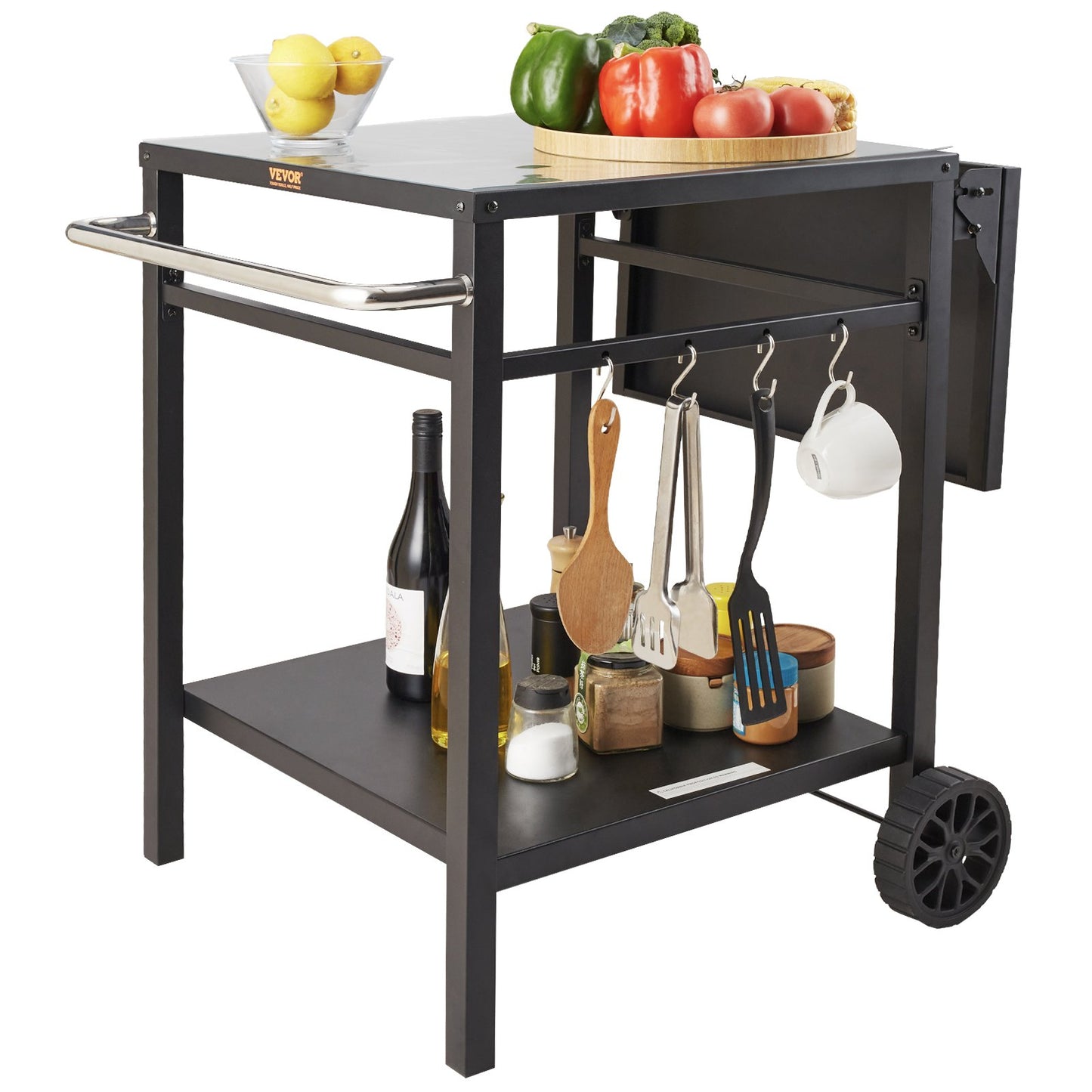 Outdoor BBQ Food Cart with Double Shelf, BBQ Movable Dining Table, Multifunctional Folding Iron Table Top, Portable Modular Pizza Oven Carts, Work Table with 2 Wheels, Carrying Handle