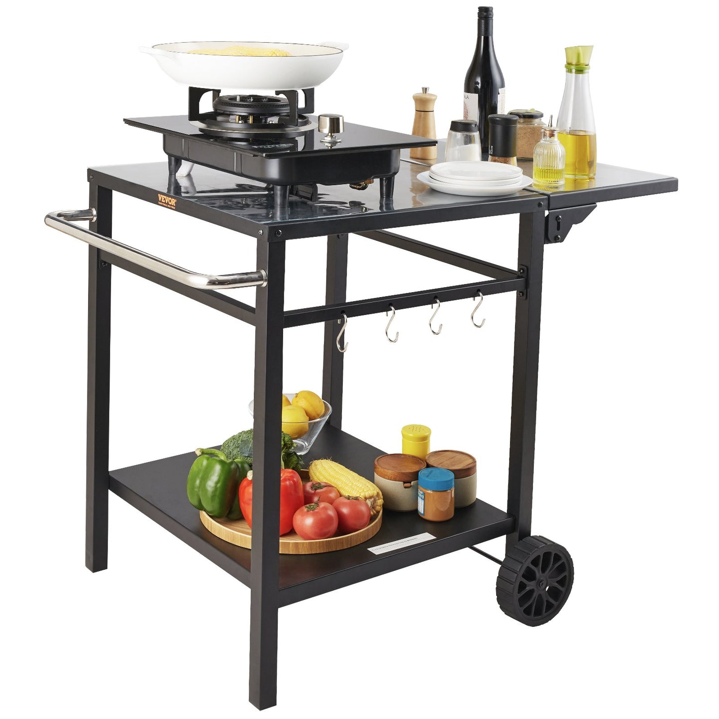 Outdoor BBQ Food Cart with Double Shelf, BBQ Movable Dining Table, Multifunctional Folding Iron Table Top, Portable Modular Pizza Oven Carts, Work Table with 2 Wheels, Carrying Handle