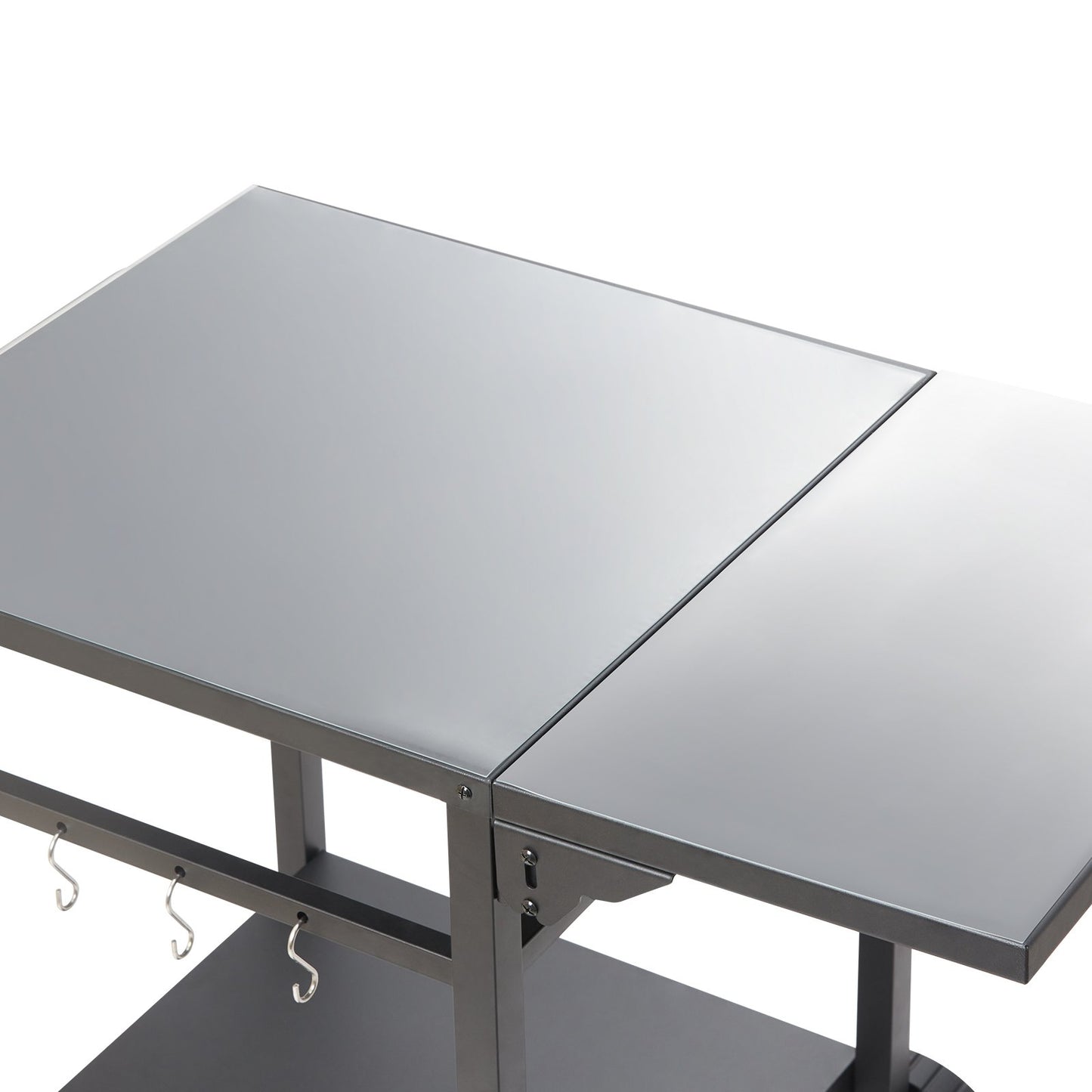 Outdoor BBQ Food Cart with Double Shelf, BBQ Movable Dining Table, Multifunctional Folding Iron Table Top, Portable Modular Pizza Oven Carts, Work Table with 2 Wheels, Carrying Handle