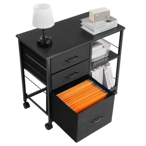 Mobilt arkivskåp i metall med 3 tyglådor och 2 öppna hyllor svart