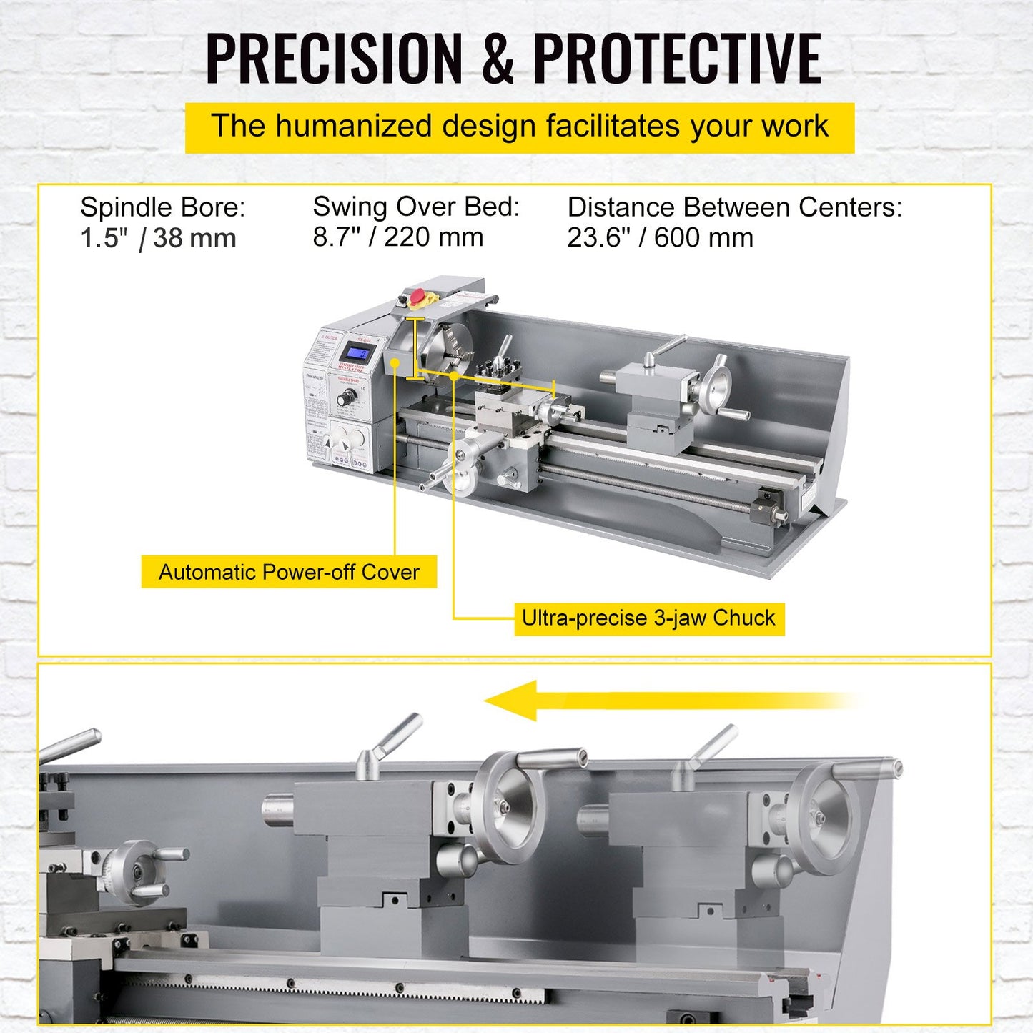 Mini metal lathe 750W metal lathe with variable speed 50 to 3000 rpm Precision lathe 220 x 600 mm for metal lathe for counter turning