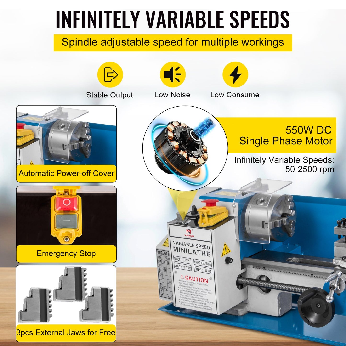 Mini Metal Lathe 550W Variable Speed Metal Lathe 50 to 2500 Rpm Precision Mini Bench Lathe 7x14 Inch for Mini Precision Parts Machining Sample Processing Modeling Works
