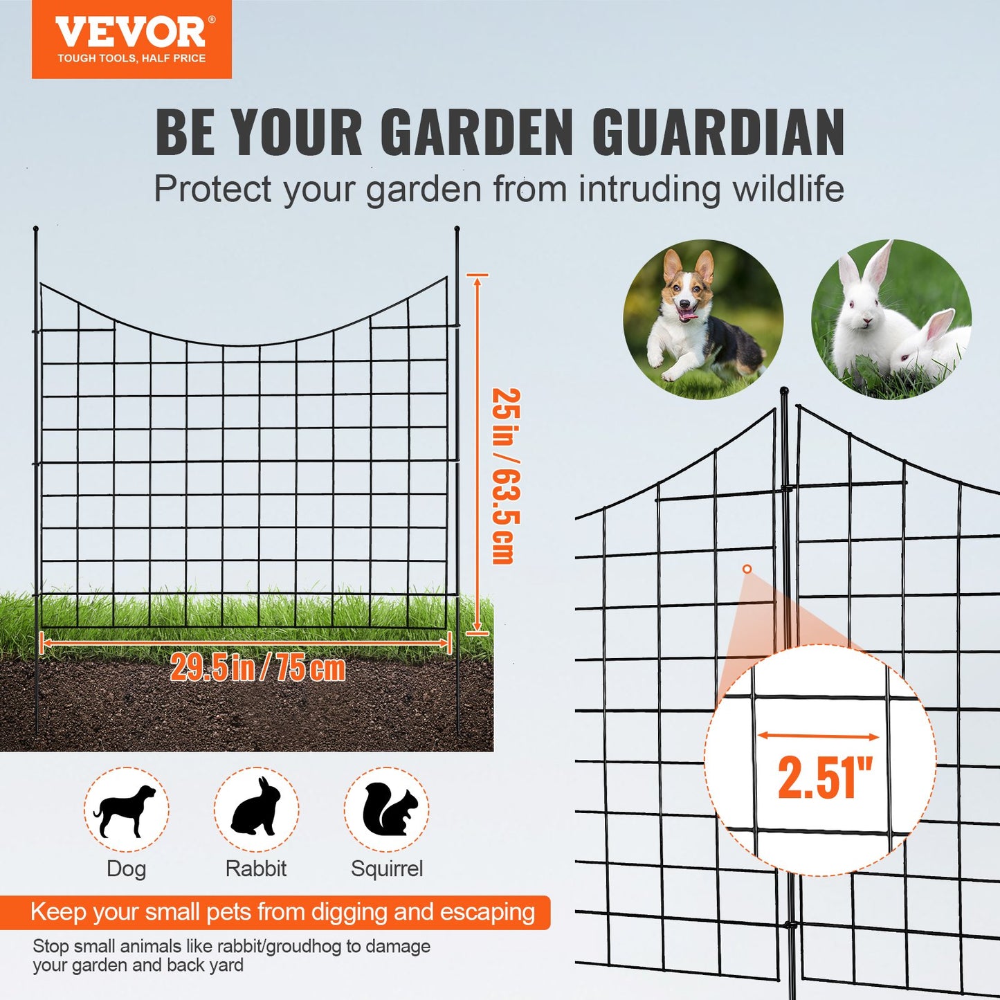 Garden Fence, No Dig Fence 36.6''(H)x29.5''(L) Animal Barrier Fence, Decorative Underground Garden Fence with 2.5 Inch Spike Spacing, Metal Dog Fence for Yard and Patio, 5-Pack