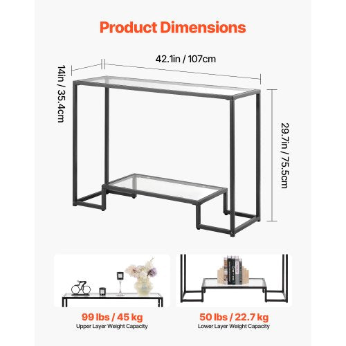 2-vånings konsolbord i glas, rektangulärt sidobord med tippskydd, svart