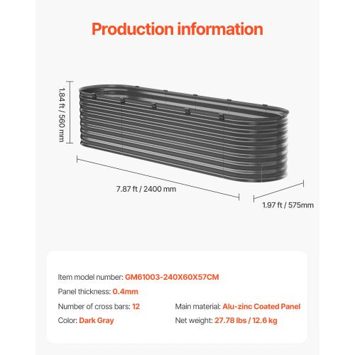 Metal Raised Garden Bed 8x2x2 ft Outdoor Galvanized Planter Box Dark Grey | EU