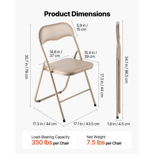 4-pack folding chairs portable leather armchairs with padded cushions khaki