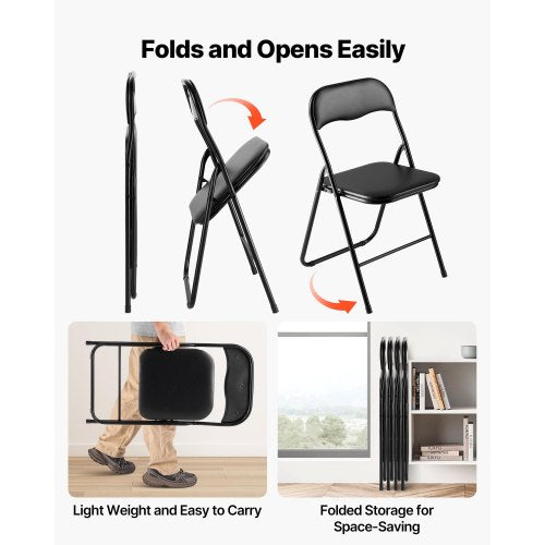 4-pack folding chairs portable leather armchairs with padded cushions black