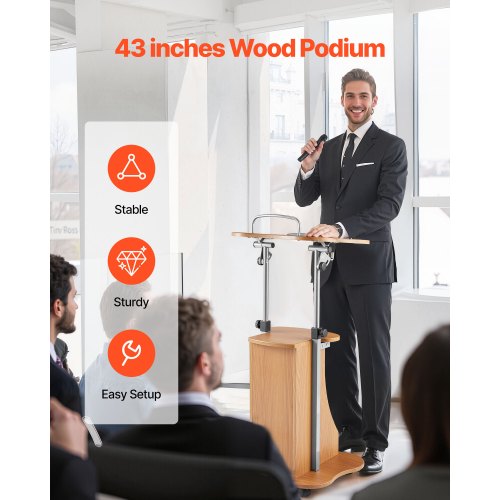 Podiumställ 43 i träpulpet med hjul, förvaring, höjdjusterbar