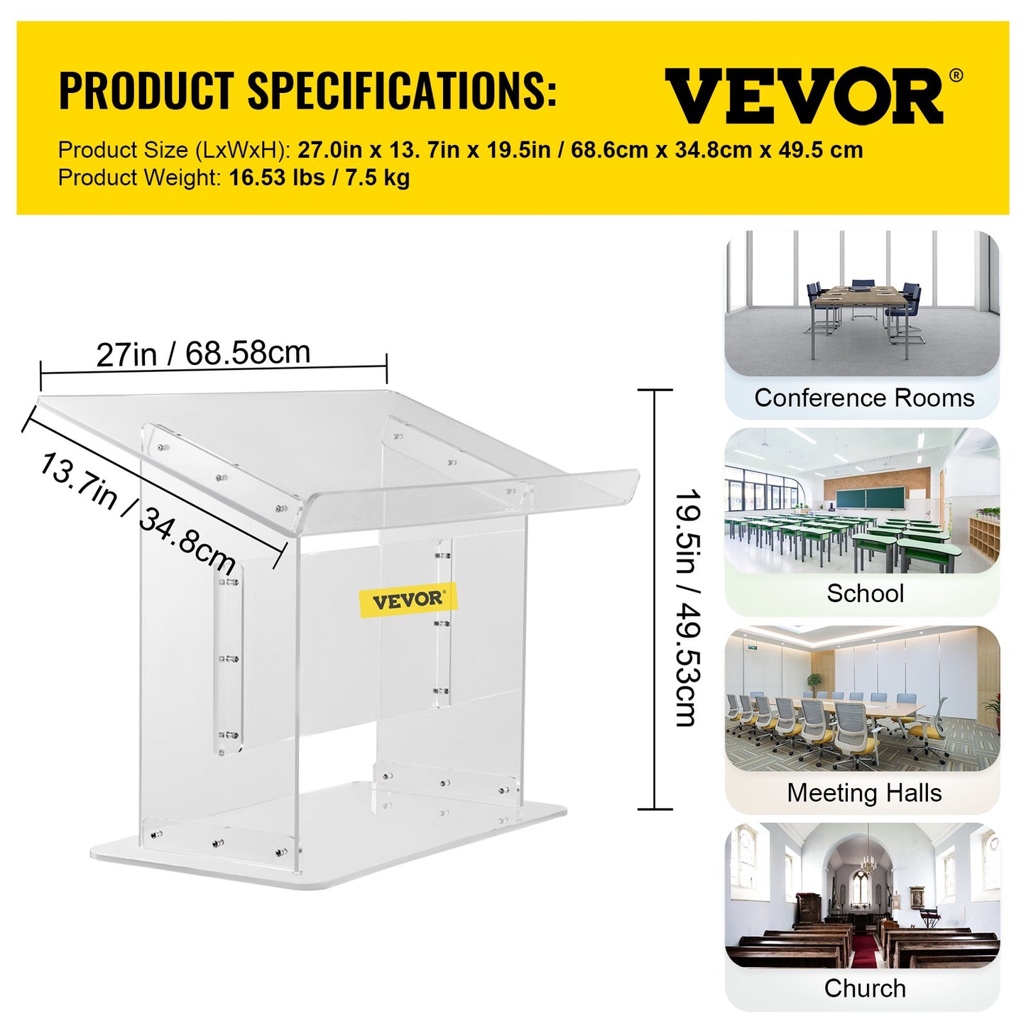 Tisch-Acryl-Podium, 49,5 cm hoch, Plexiglas-Podium, 68,6 x 34,3 cm, Tisch-Acryl-Kanzel für Kirchen, schräge Oberfläche mit Lippe für Buchhalter, transparentes Rednerpult für Vorlesungen, Rezitationen, Reden und Präsentationen