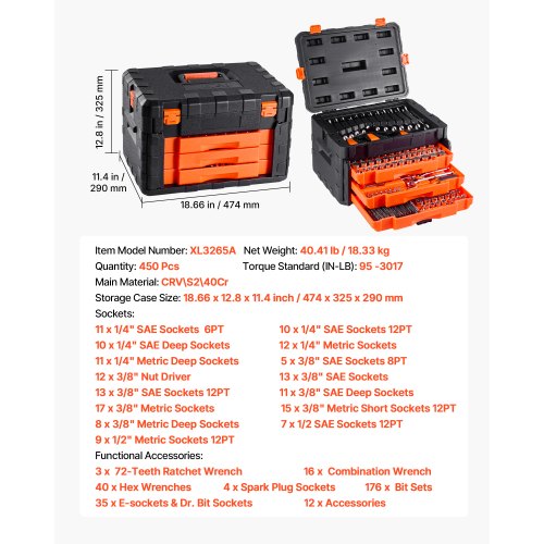 Mekanikverktygssats Hylsnyckelsats 450 delar 6,4/9,5/12,7 mm-fäste Orange låda