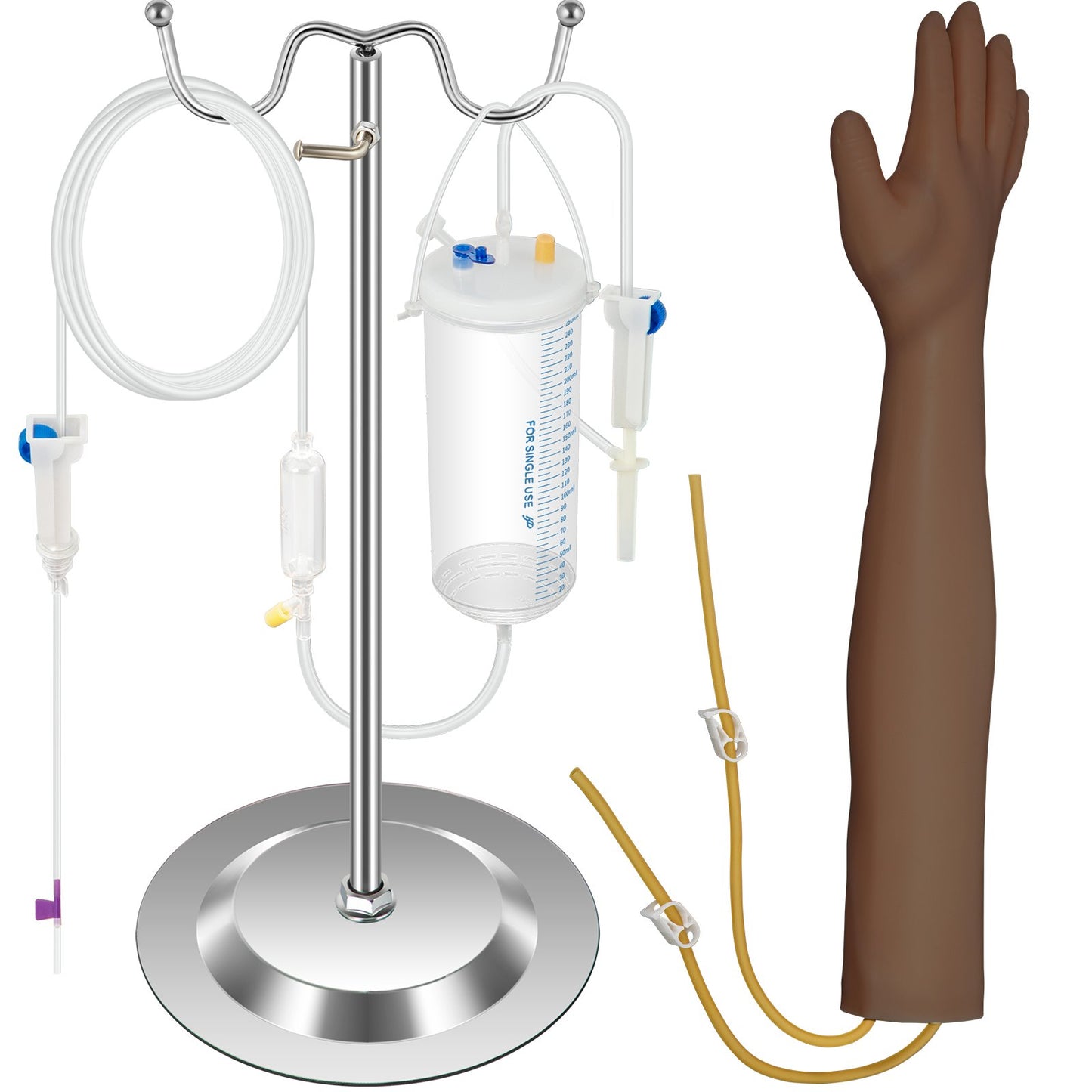 Intravenous training arm set with dark skin phlebotomy arm made of PVC material Phlebotomy training arm with height adjustable infusion stand IV training arm set for venipuncture training