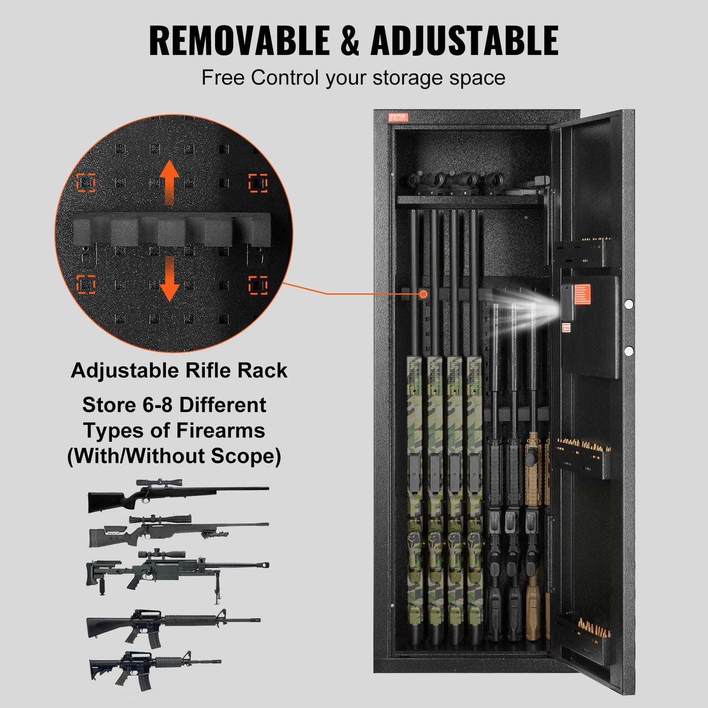 6-8 gevär Gun Safe Rifle Safe med lås och digital knappsats Avtagbar hylla
