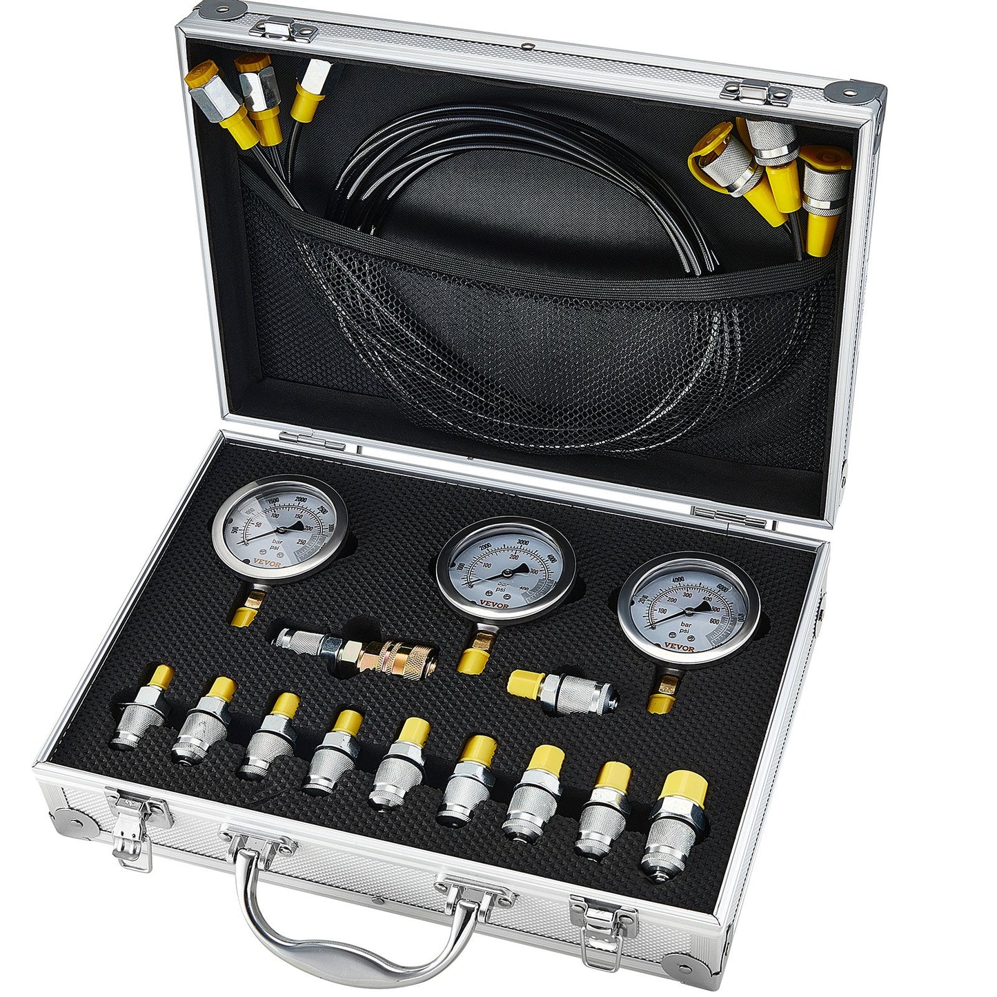 Hydraulic pressure test kit, 250/400/600bar, 3 gauges 11 test couplings 3 test hoses, excavator Hydraulic test measurement kit with portable carrying case for excavator tractors Construction machinery
