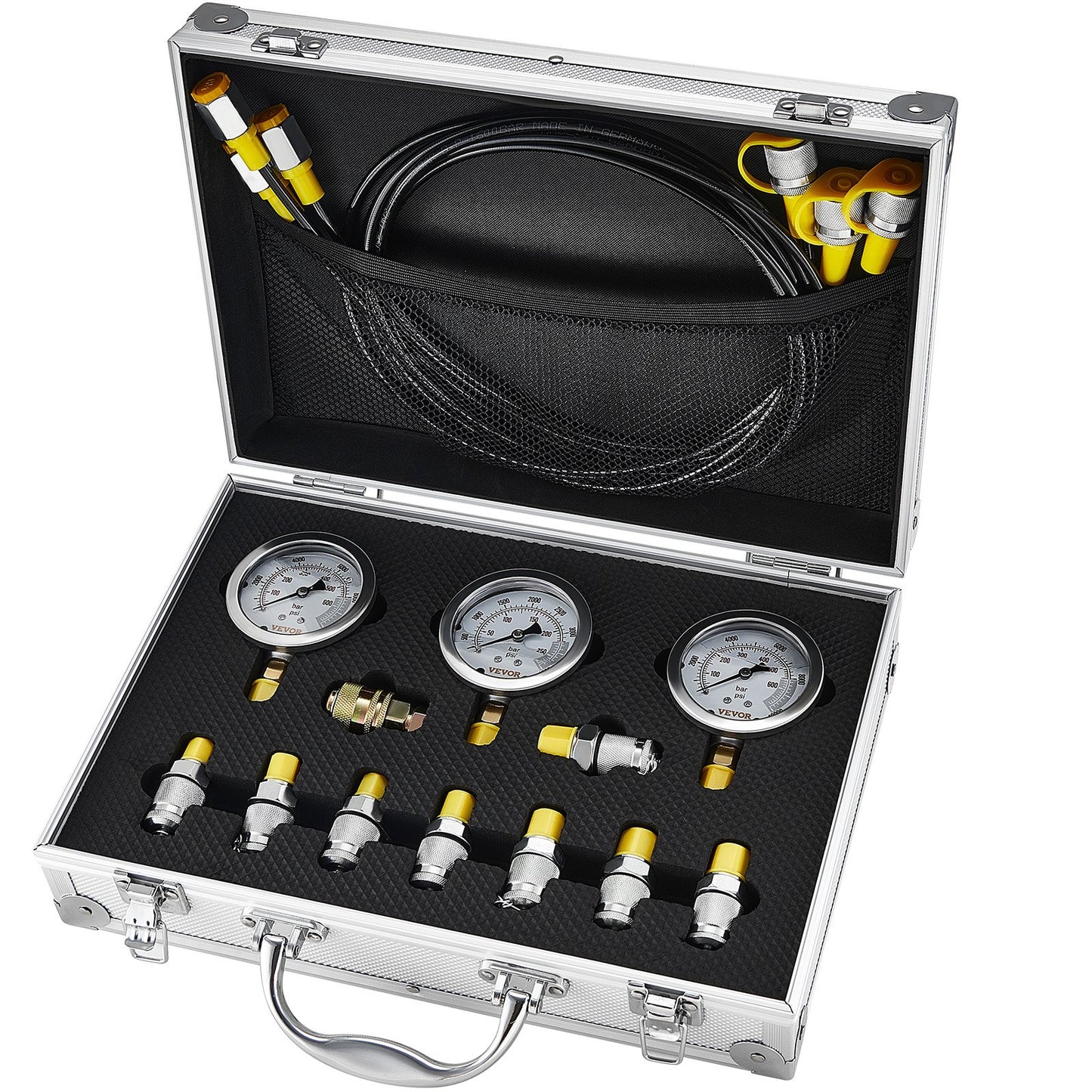 Hydraulic pressure test kit, 250/400/600bar, 3 gauges 9 test couplings 3 test hoses, excavator Hydraulic test measurement kit with portable carrying case for excavator tractors Construction machinery