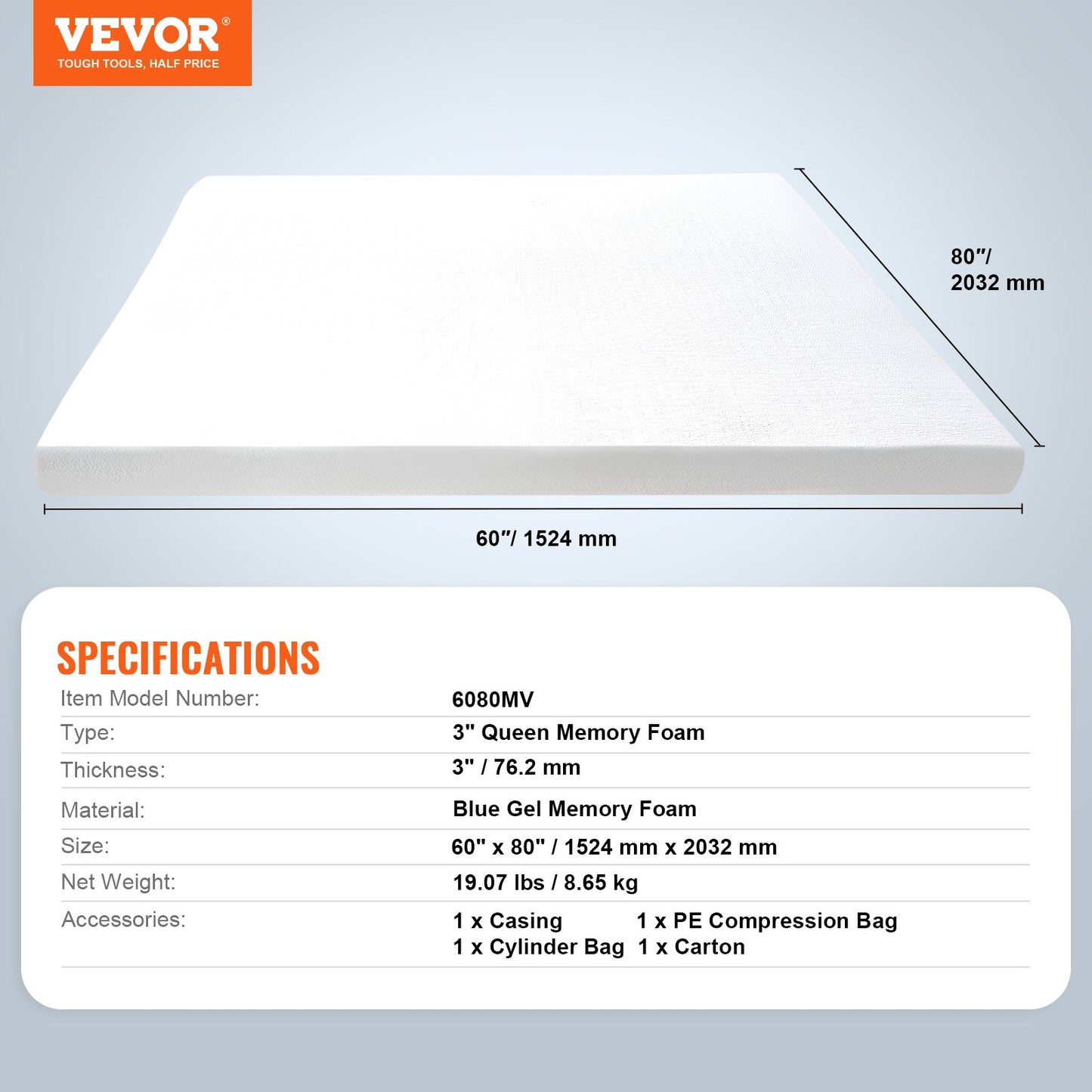 Madrass Topper Memory Foam Avtagbar & Tvättbar Queen 76,2 mm Tjocklek