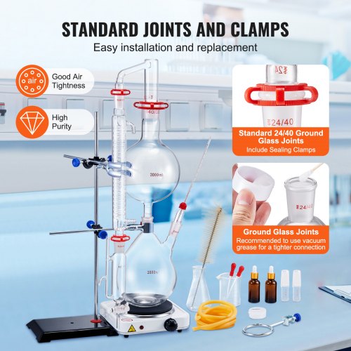 Essential Oil Distillation Kit, 2000ml Distillation Apparatus, 3.3 Boro Lab Glassware Distillation Kit with 1000W Hot Plate and 24, 40 Leds, 28 pcs Set | EU