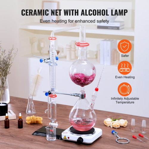 Essential Oil Distillation Kit, 2000ml Distillation Apparatus, 3.3 Boro Lab Glassware Distillation Kit with 1000W Hot Plate and 24, 40 Leds, 28 pcs Set | EU