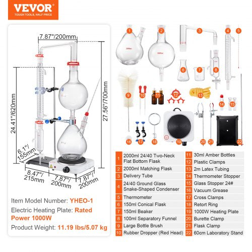 Essential Oil Distillation Kit, 2000ml Distillation Apparatus, 3.3 Boro Lab Glassware Distillation Kit with 1000W Hot Plate and 24, 40 Leds, 28 pcs Set | EU