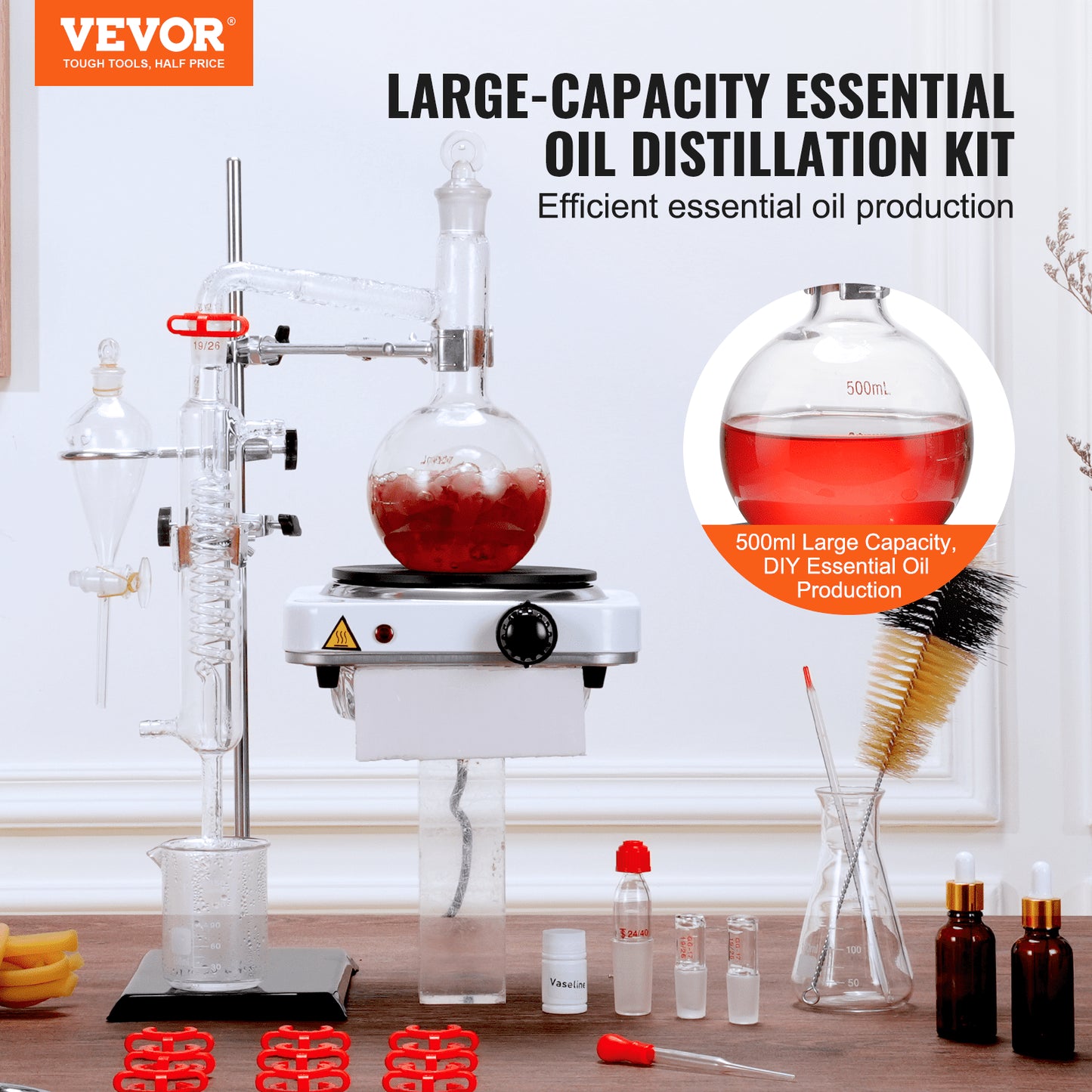 Essential Oil Destillation Kit, 500 ml destillationsapparat, 3,3 Boro Lab Glassware Destillation Kit med 1000W värmeplatta och 24, 40 led, 33 st Set