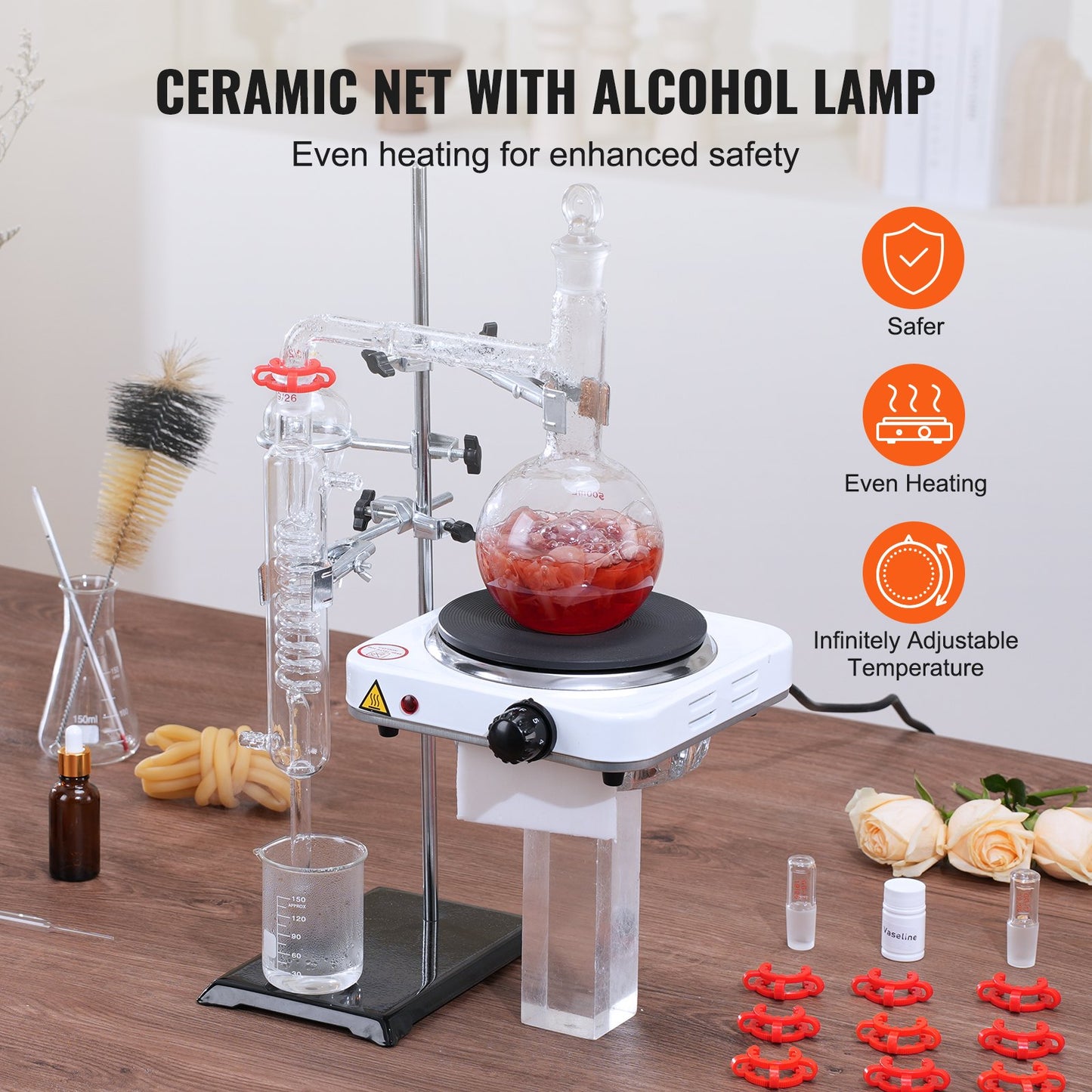 Essential Oil Destillation Kit, 500 ml destillationsapparat, 3,3 Boro Lab Glassware Destillation Kit med 1000W värmeplatta och 24, 40 led, 33 st Set