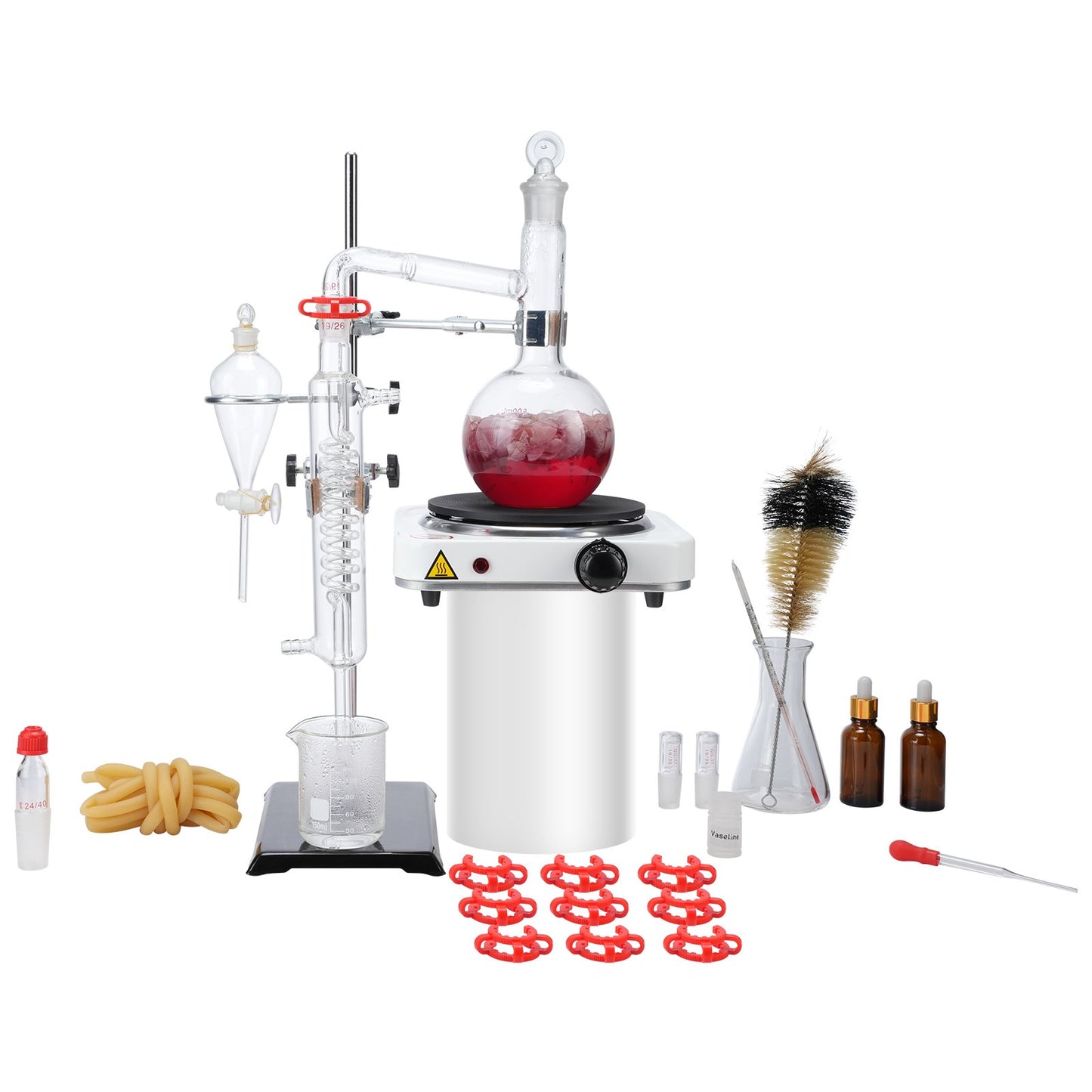 Essential Oil Destillation Kit, 500 ml destillationsapparat, 3,3 Boro Lab Glassware Destillation Kit med 1000W värmeplatta och 24, 40 led, 33 st Set