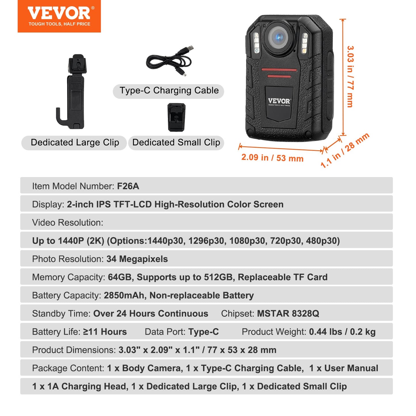1440P Police Body Camera 64G Body Cam med 2850 mAh batteri Night Vision
