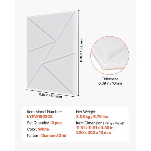 18-pack akustiska väggpaneler 28 x 28 x 1,8 cm självhäftande vita | EU