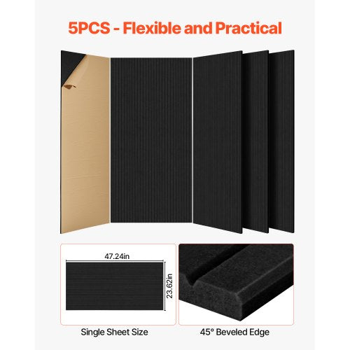 5-pack akustiska väggpaneler 47,2 x 23,6 x 0,4 tum självhäftande svarta | EU
