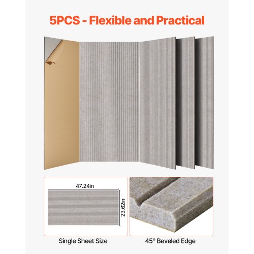 5-pack acoustic wall panels 47.2 x 23.6 x 0.4 inch self-adhesive camel colored