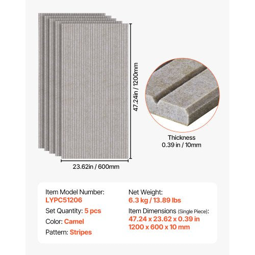 5-pack acoustic wall panels 47.2 x 23.6 x 0.4 inch self-adhesive camel colored