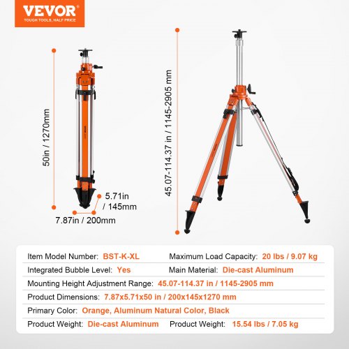 laser level tripod stand 5/8"-11 thread 45.07-114.37 inch height adjustment | EU