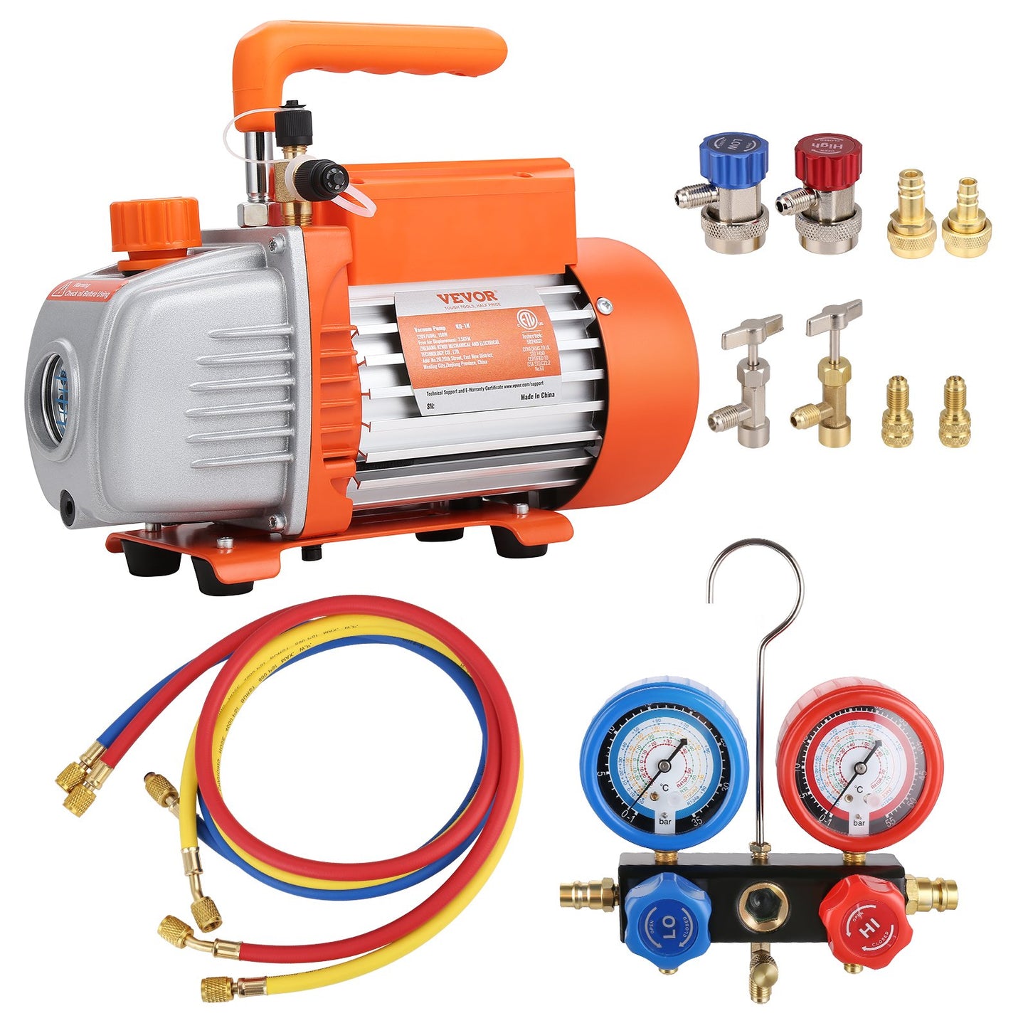 1/5 HP 3.5 CFM AC Vacuum Pump and Gauge Kit, Single Stage Rotary Vane HVAC Air Vacuum Pump A/C Refrigerant Kit Manifold Gauge Kit, with Tri-Color Hose Carrying Case, Applicable to R134a, R1234yf