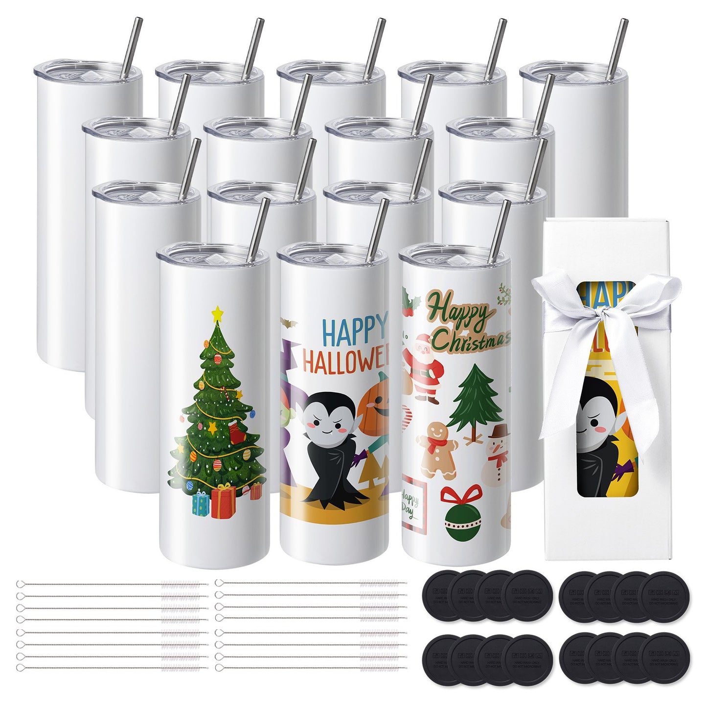 16-pack straight sublimation tumblers, 20 oz blank tumbler, double wall stainless steel with straw, lid, brush, base, shrink wrap, gift box, for heat press and heat transfer