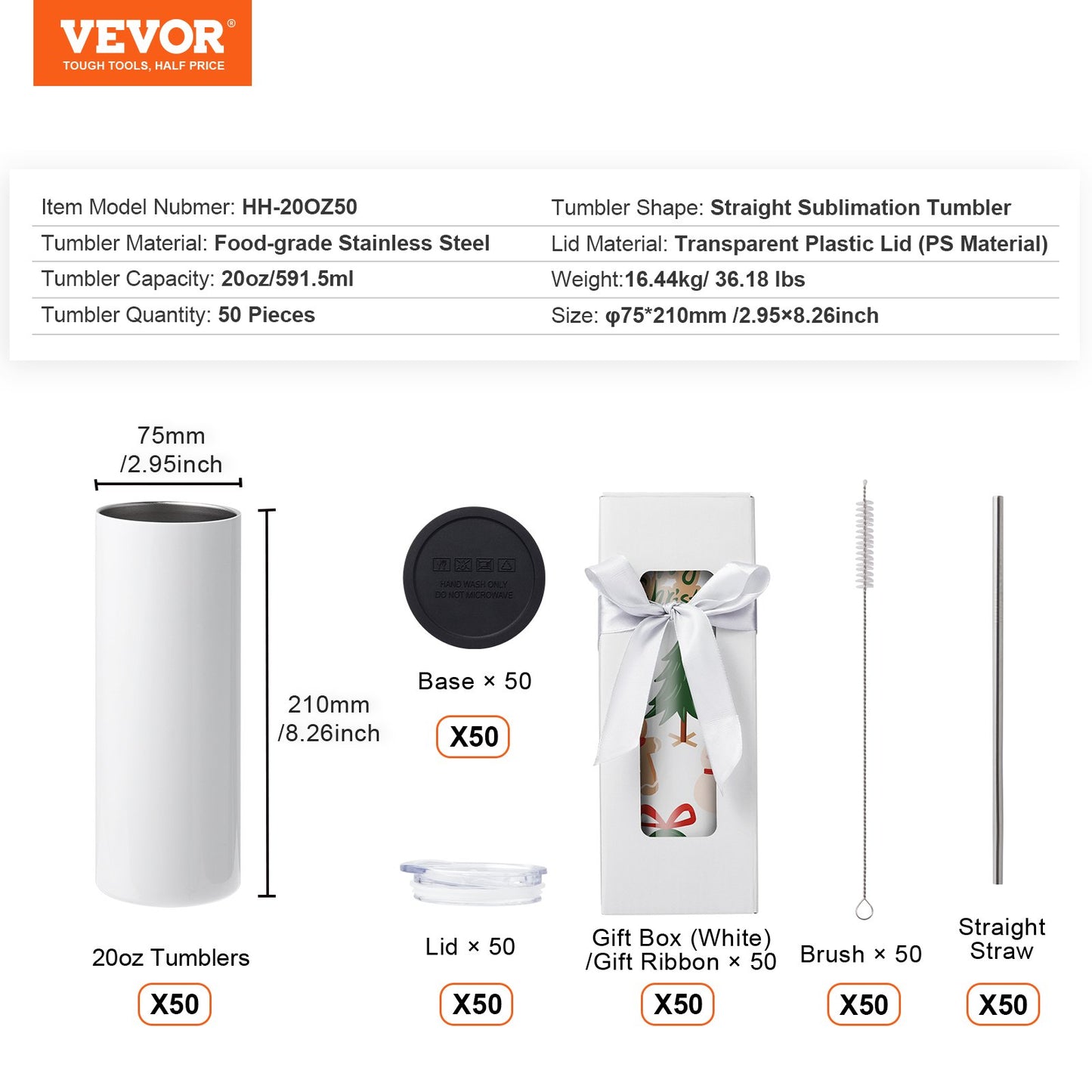 50-pack raka sublimeringsglas, 20 oz blank tumlare, rostfritt stål med dubbla väggar med sugrör, lock, borste, bas, krympplast, presentförpackning, för värmepress och värmeöverföring