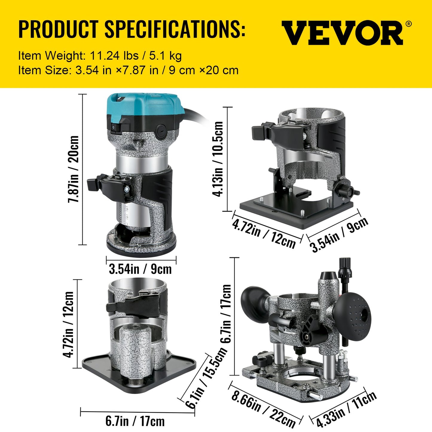 Router tool, 710W wood router, router for woodworking with 3 milling sleeves, wood router tool with fixed & plunge & tilt & offset base, woodworking router with aluminum shell & variable rotation speed