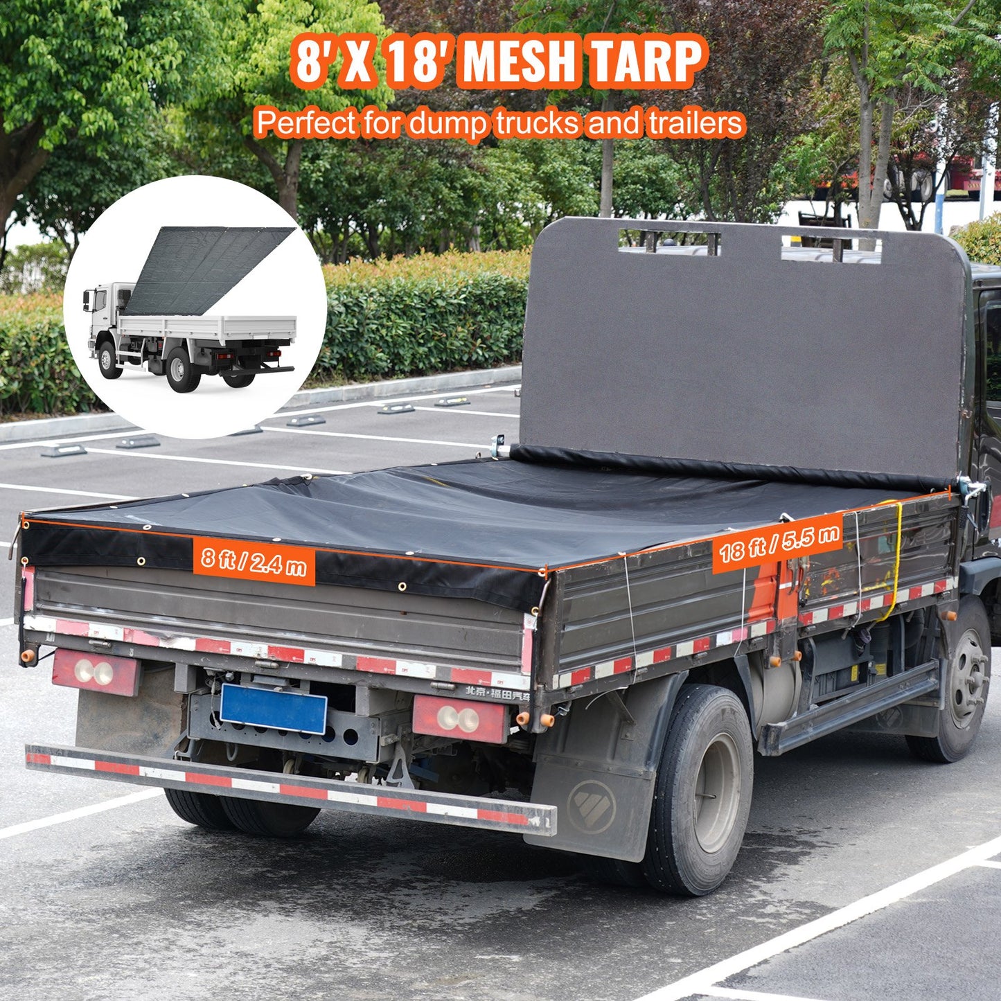 Dump Truck Mesh Tarp, 8 x 18 ft, PVC-belagd svart kraftigt skydd med 5,5" 18 oz dubbelficka, mässingshylsor, förstärkt dubbelnålssömsväv passar manuellt eller elektriskt dumpersystem
