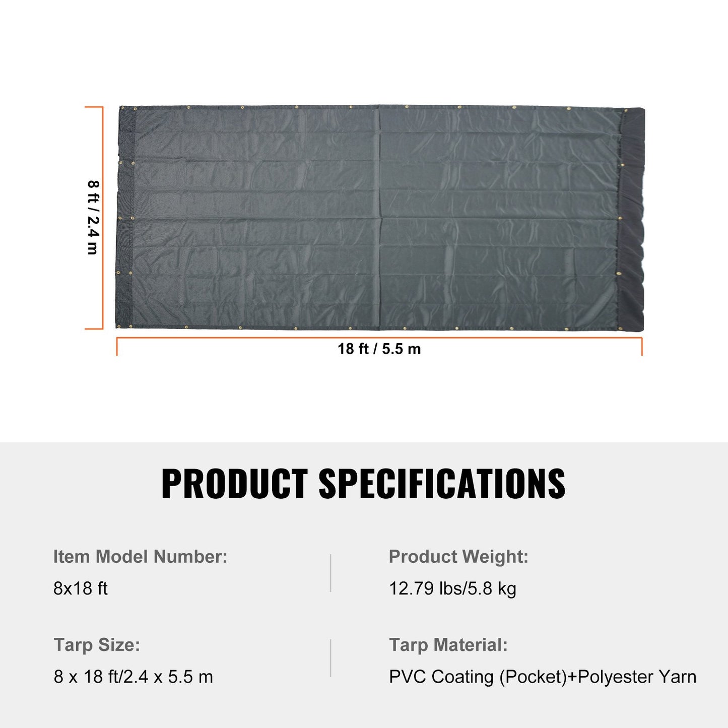 Dump Truck Mesh Tarp, 8 x 18 ft, PVC-belagd svart kraftigt skydd med 5,5" 18 oz dubbelficka, mässingshylsor, förstärkt dubbelnålssömsväv passar manuellt eller elektriskt dumpersystem