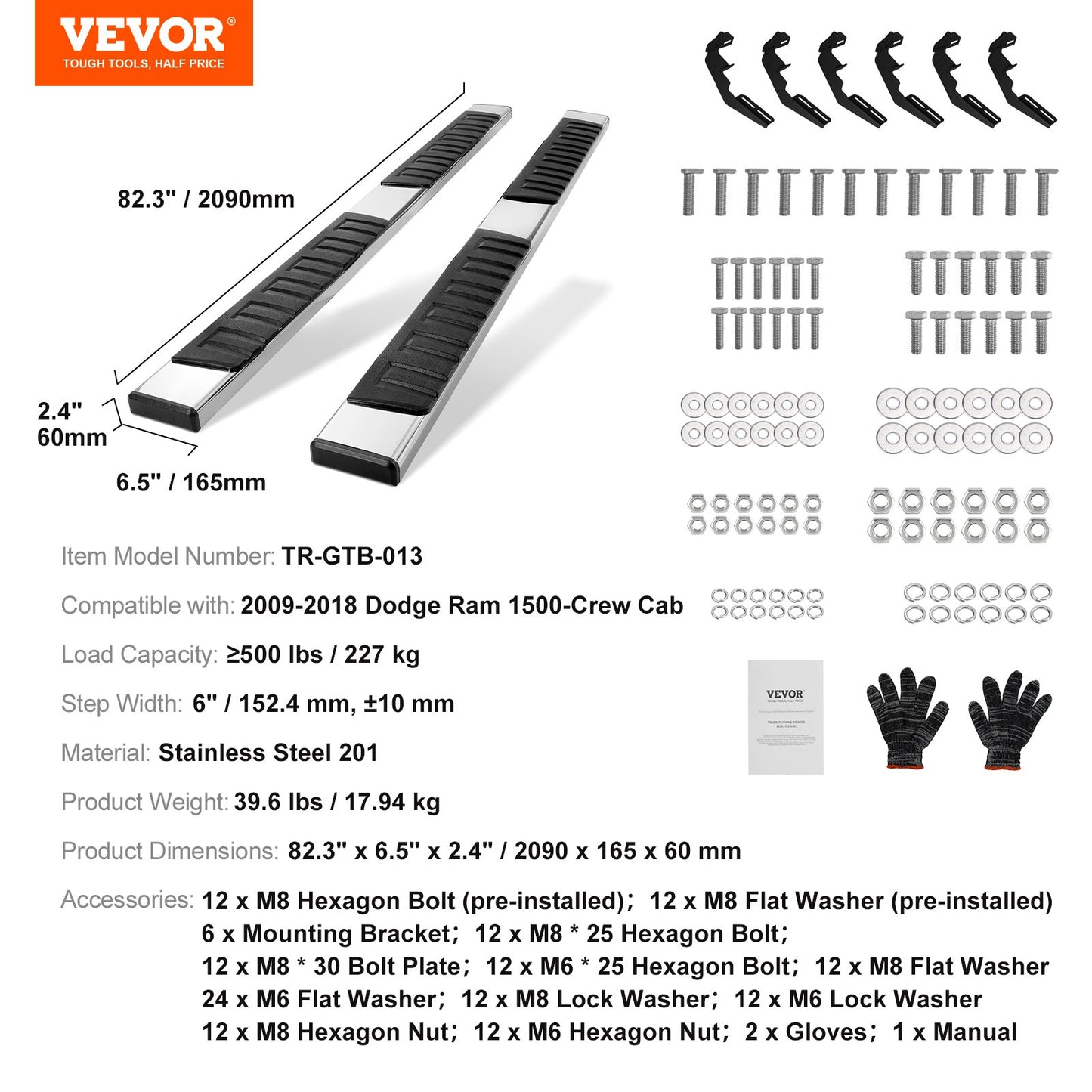 Löpbrädor, 6" stegstänger kompatibla med 2009-2018 Dodge Ram 1500/2010-2023 Ram 2500/3500 (Inkluderar 2019-2023 Classic) Crew Cab, 201 rostfria sidosteg, 500 PCLS