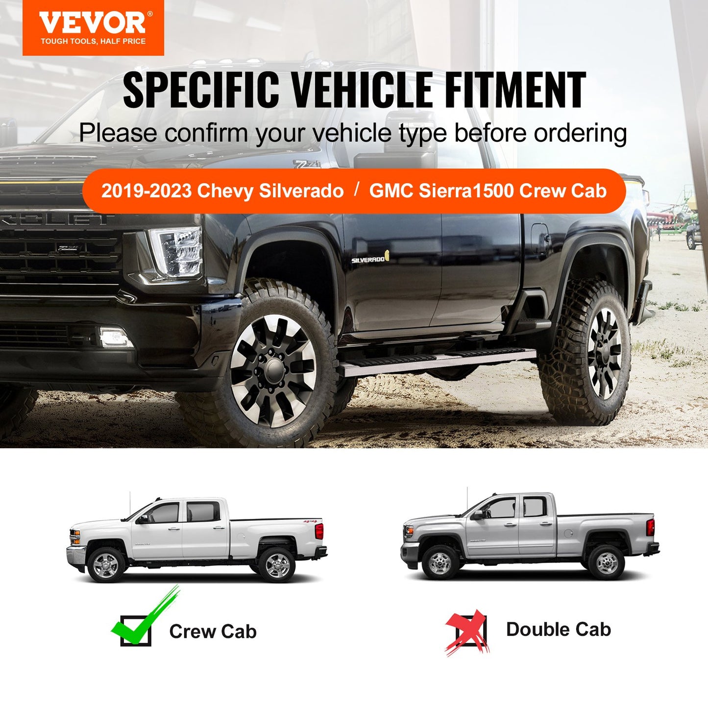 Löpbrädor, 6" stegstänger kompatibla med 2019-2023 Chevy Silverado/GMC Sierra 1500/2020-2024 Silverado/Sierra 2500/3500HD Crew Cab, 201 rostfria sidosteg Nerf-stänger, 2 stycken, 500 LBS